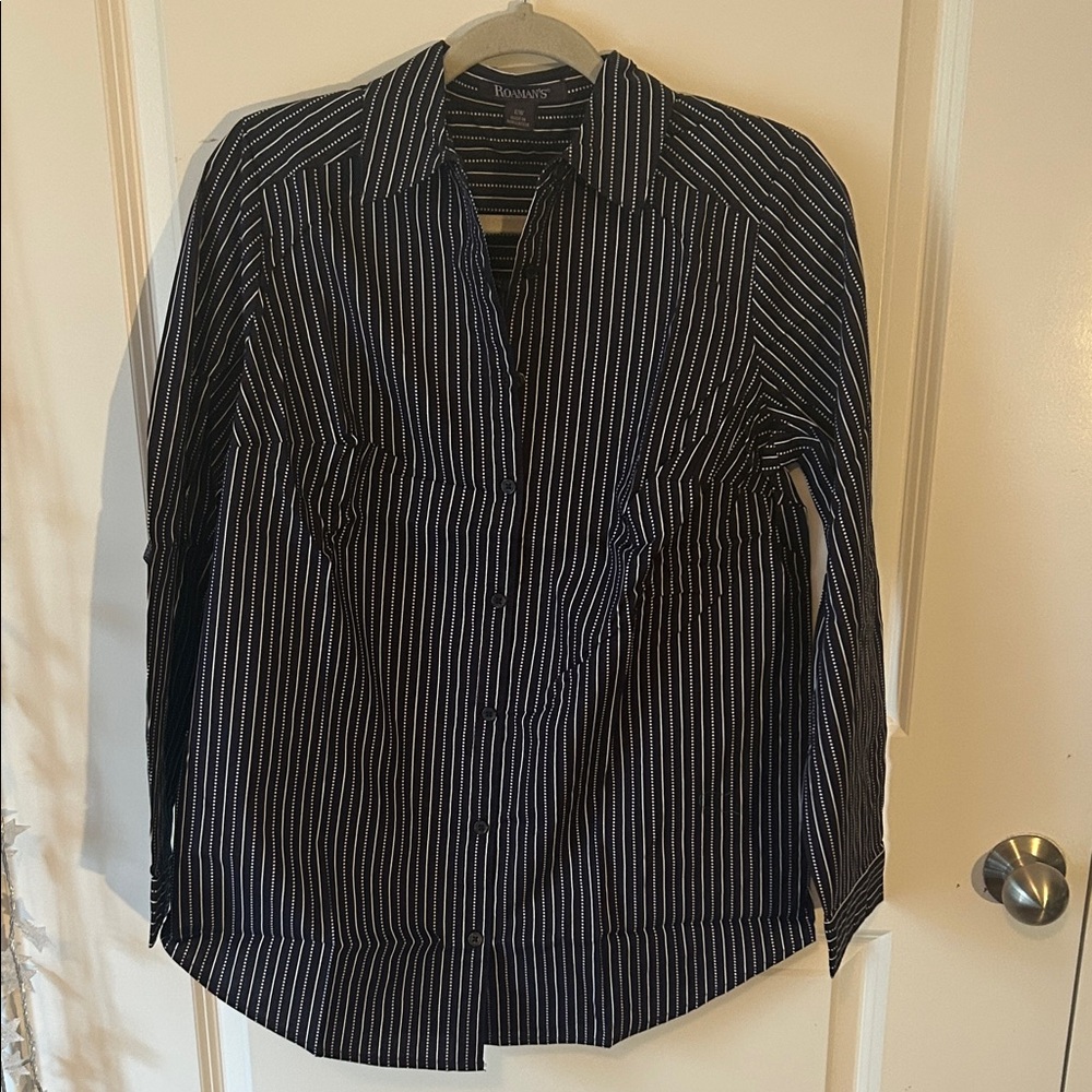 Roaman's Navy and White Striped Blouse